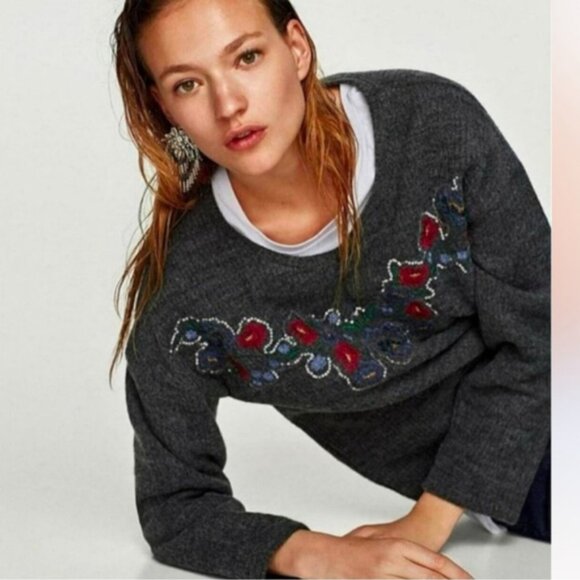 Sweaters - M Zara grey embroidered sequinned sweater
